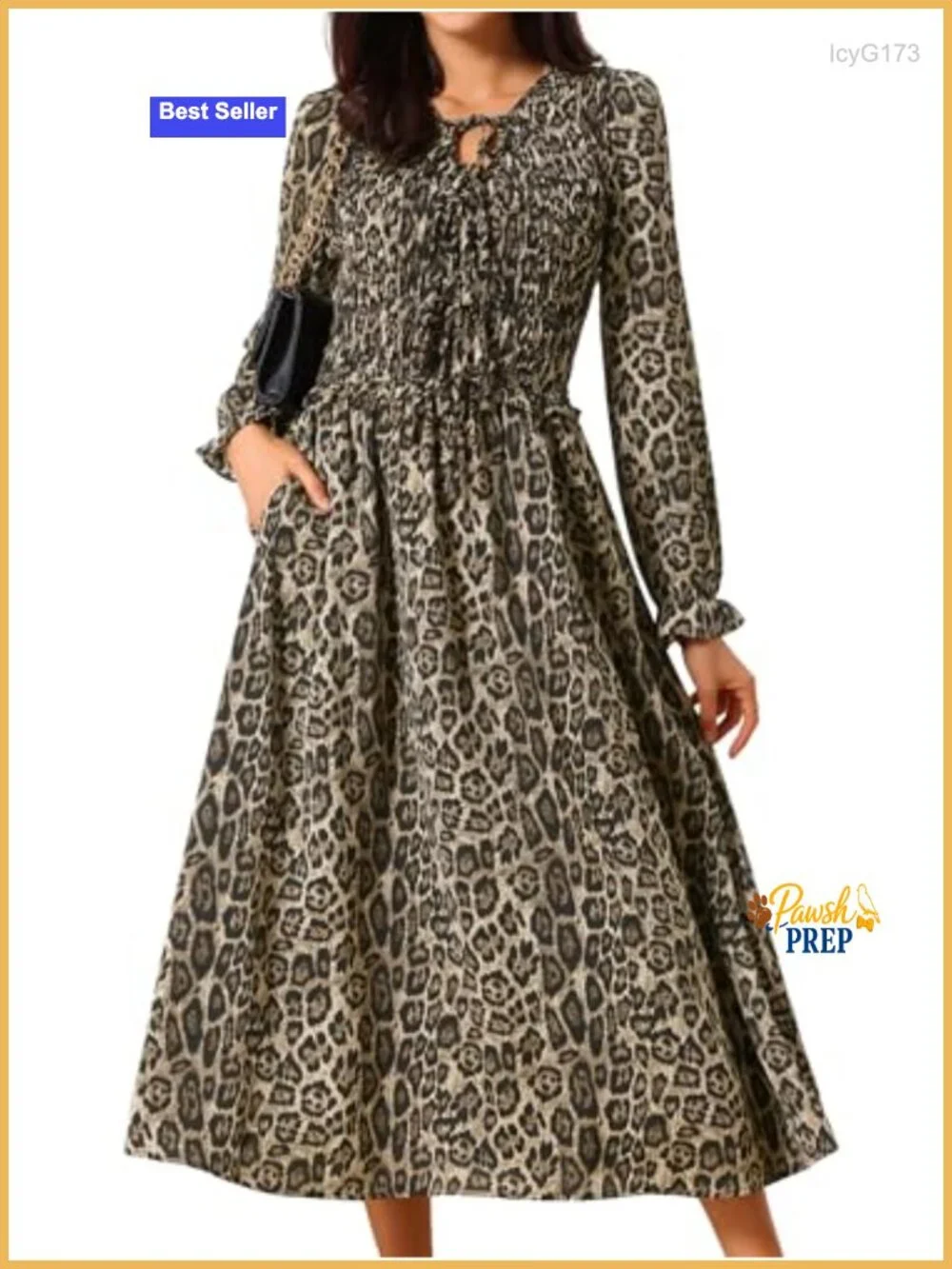 Long Sleeve Tie Neck A-Line Leopard Print Flowy Midi Dress with Pockets